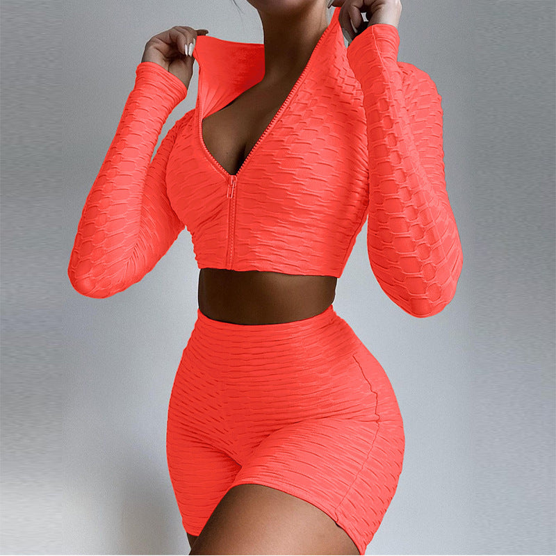 Women Long Sleeve Zipper Crop Tops High Waist Shorts Set