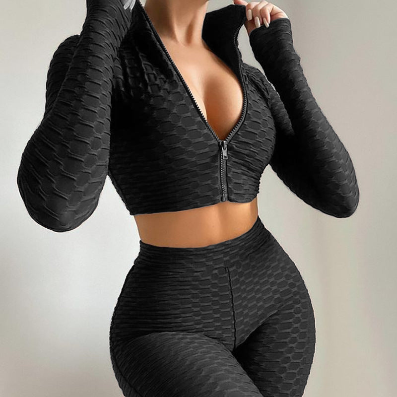 Women Long Sleeve Zipper Crop Tops High Waist Shorts Set