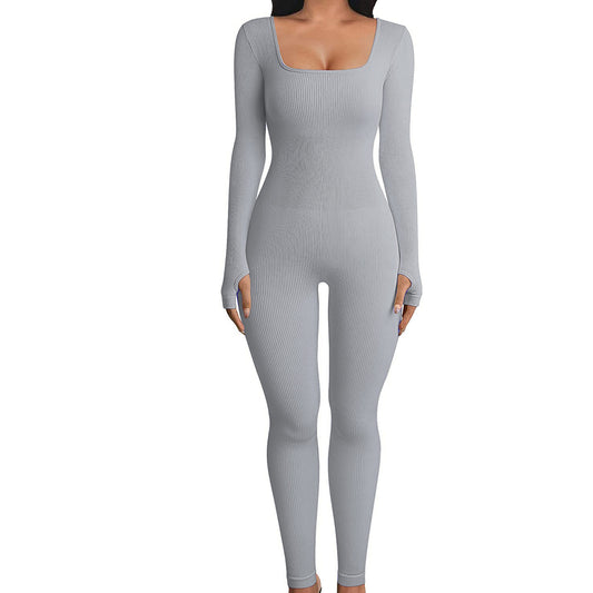Womens Ribbed Long Sleeve Yoga Fitness Jumpsuit